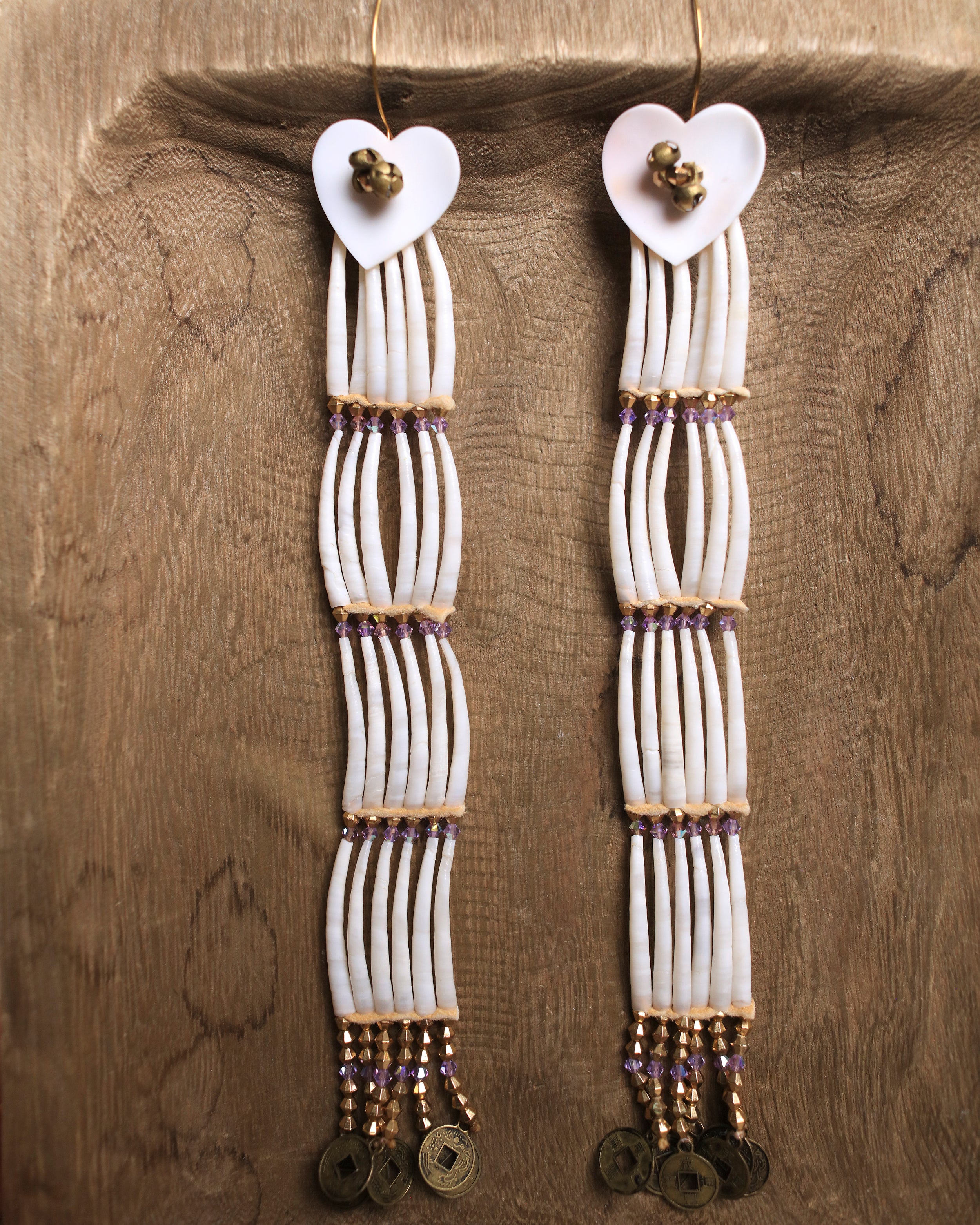 M.J. Designs | Dentalium + Swarovski + Heart Beads | Earrings