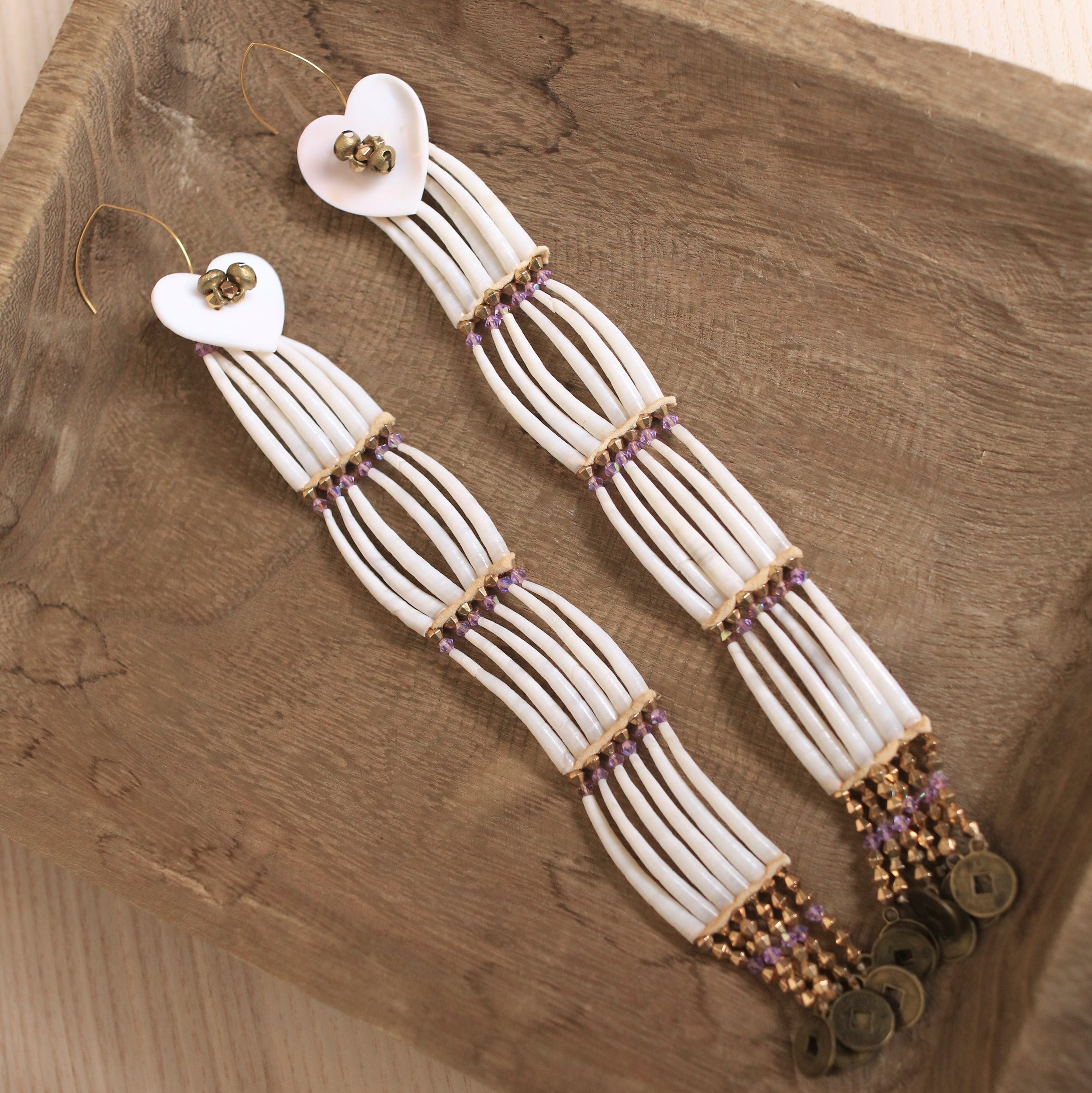M.J. Designs | Dentalium + Swarovski + Heart Beads | Earrings