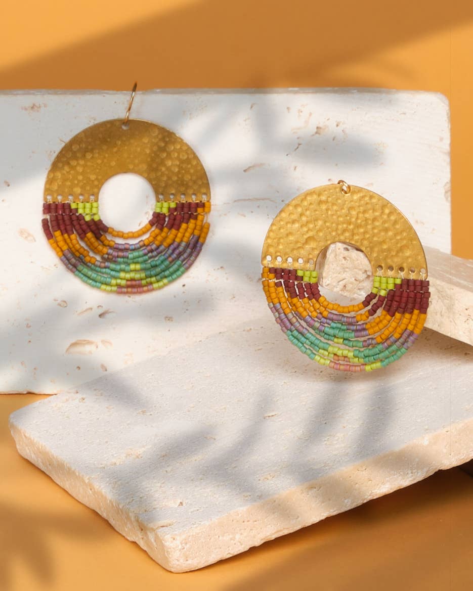 Beaded Handwoven Organic Circular Fringe Earrings by Mayana