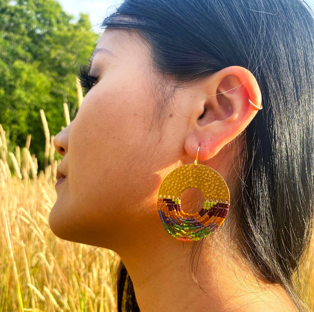 Beaded Handwoven Organic Circular Fringe Earrings by Mayana