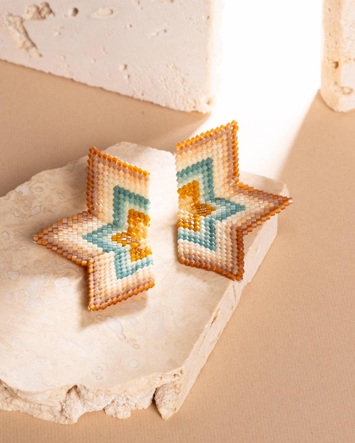 Beaded Handwoven Medium Half Star Earrings by Mayana