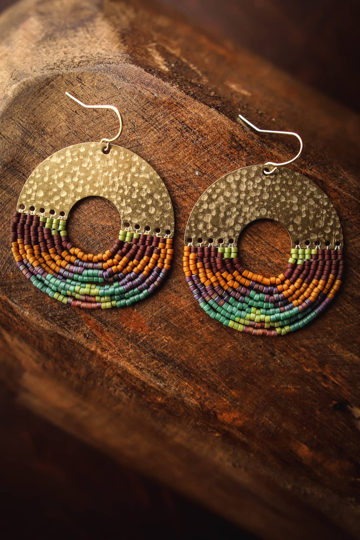 Beaded Handwoven Organic Circular Fringe Earrings by Mayana