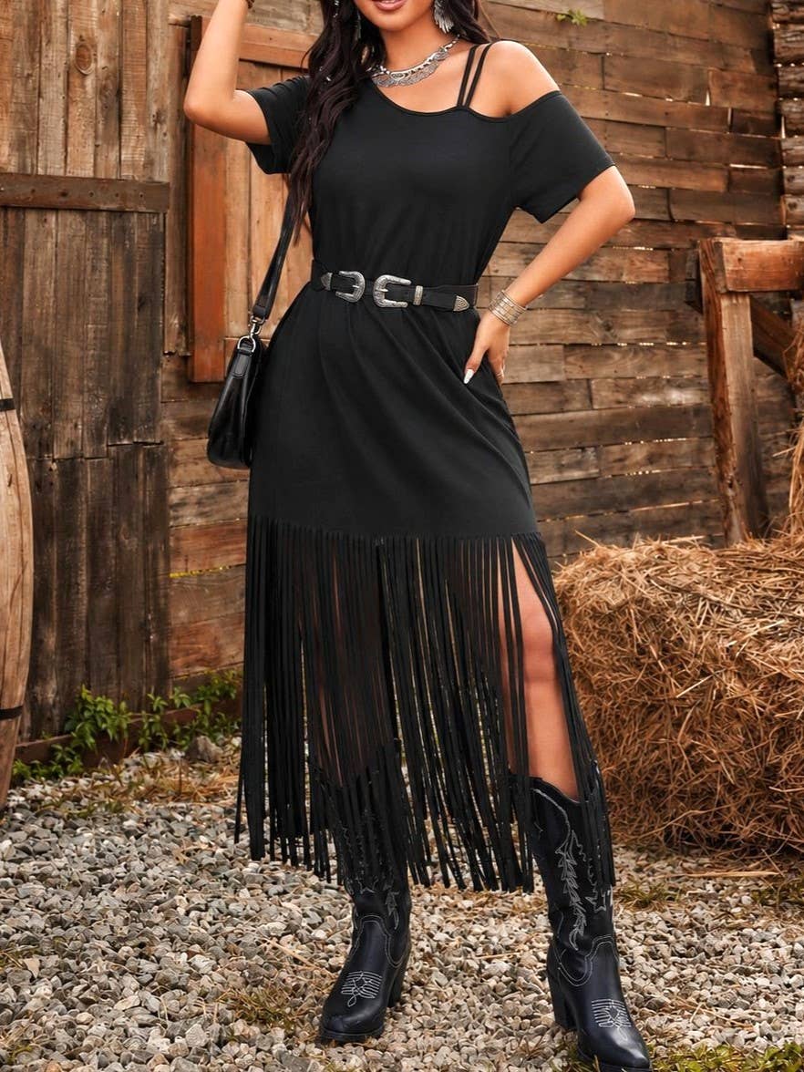 Cowgirl Off Shoulder Fringe Hem Dress