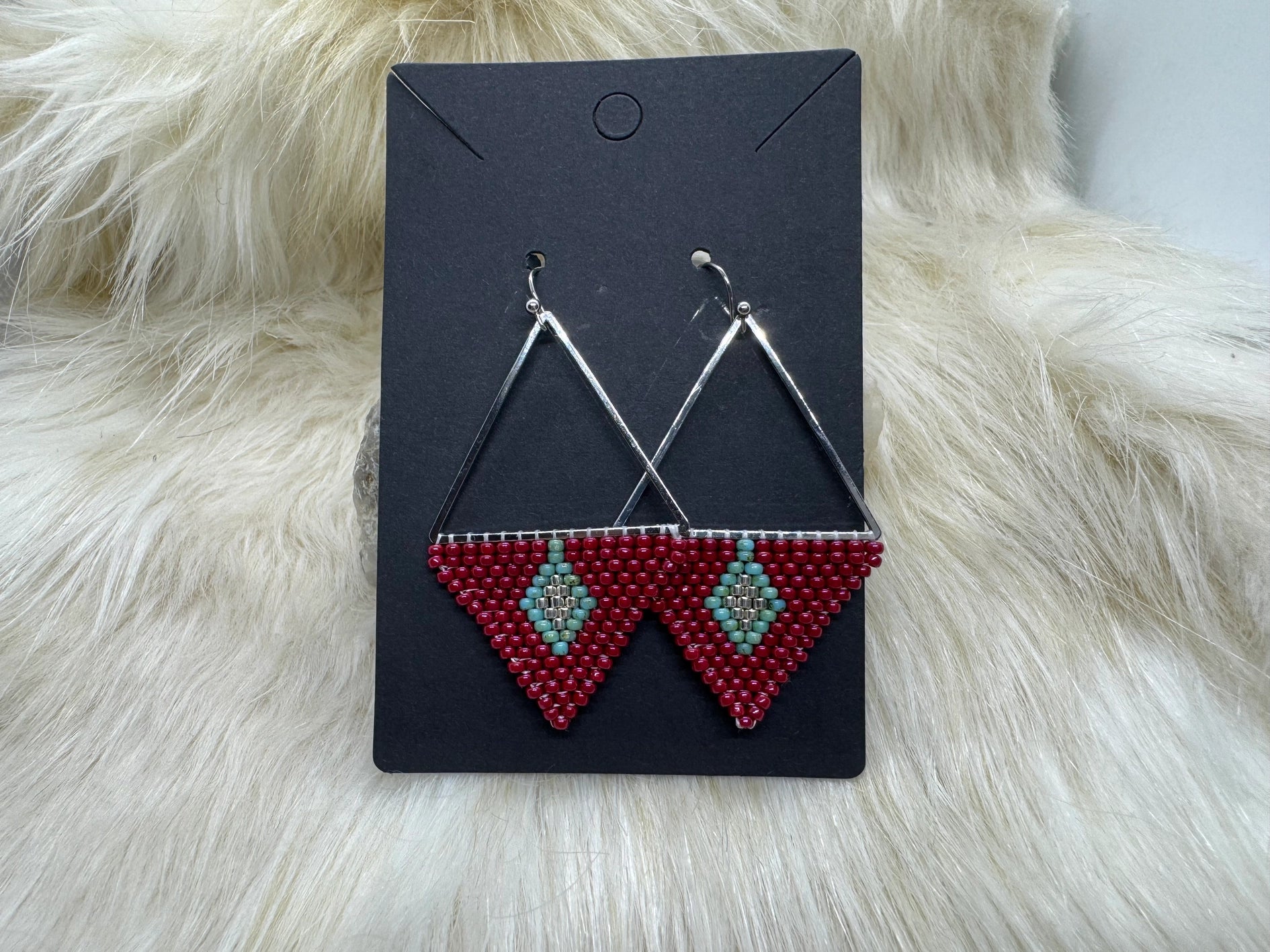 Native Red & Turq Geometric Earrings by Chippewa Beadwork