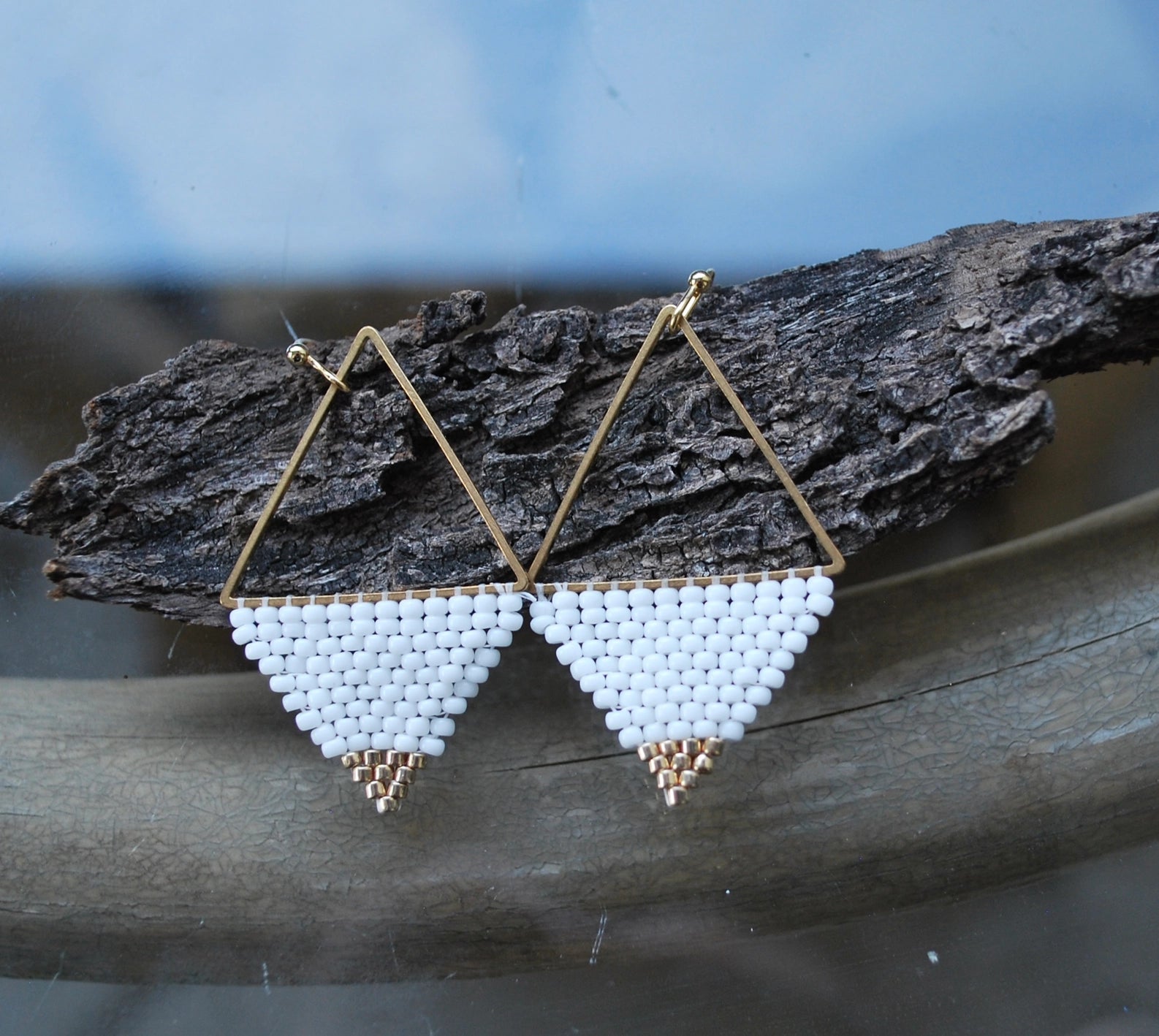 White & Gold Geometric Earrings by Chippewa Beadwork