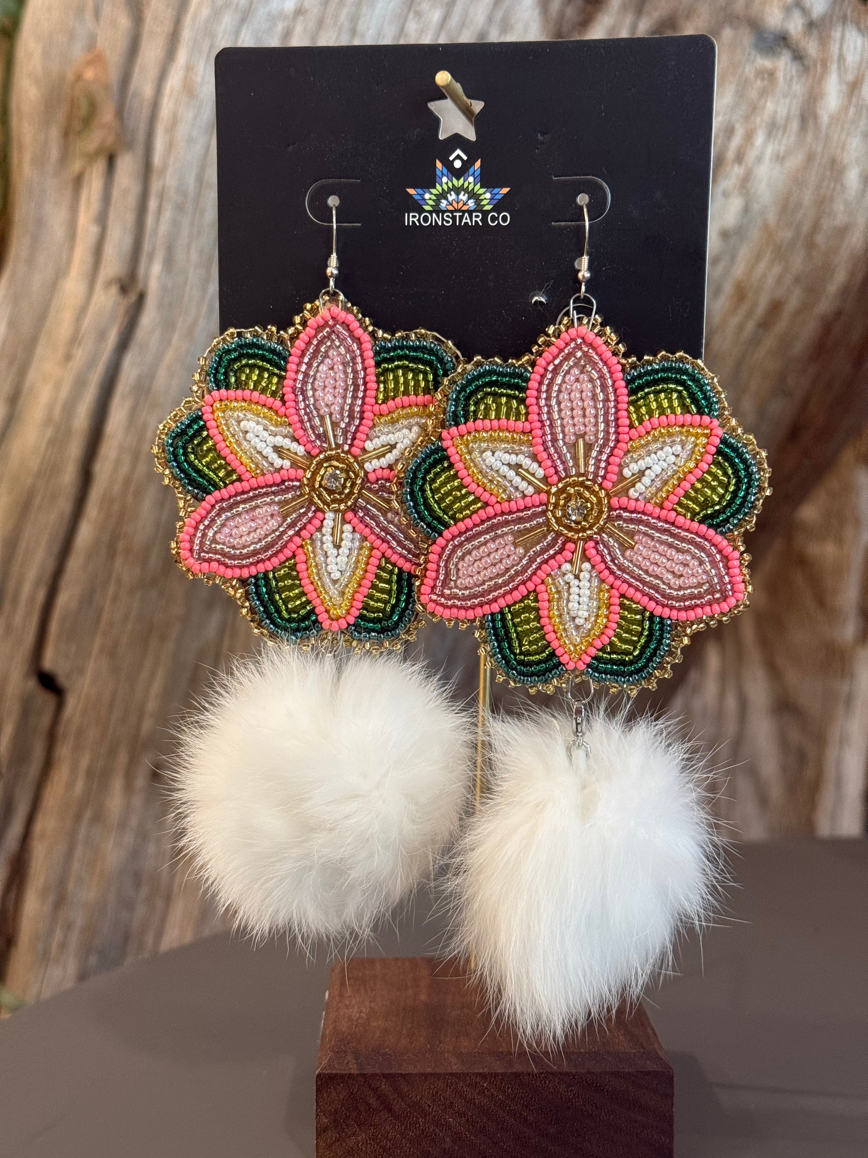 Beaded Coral Flower & Pom Pom Dangle Earring