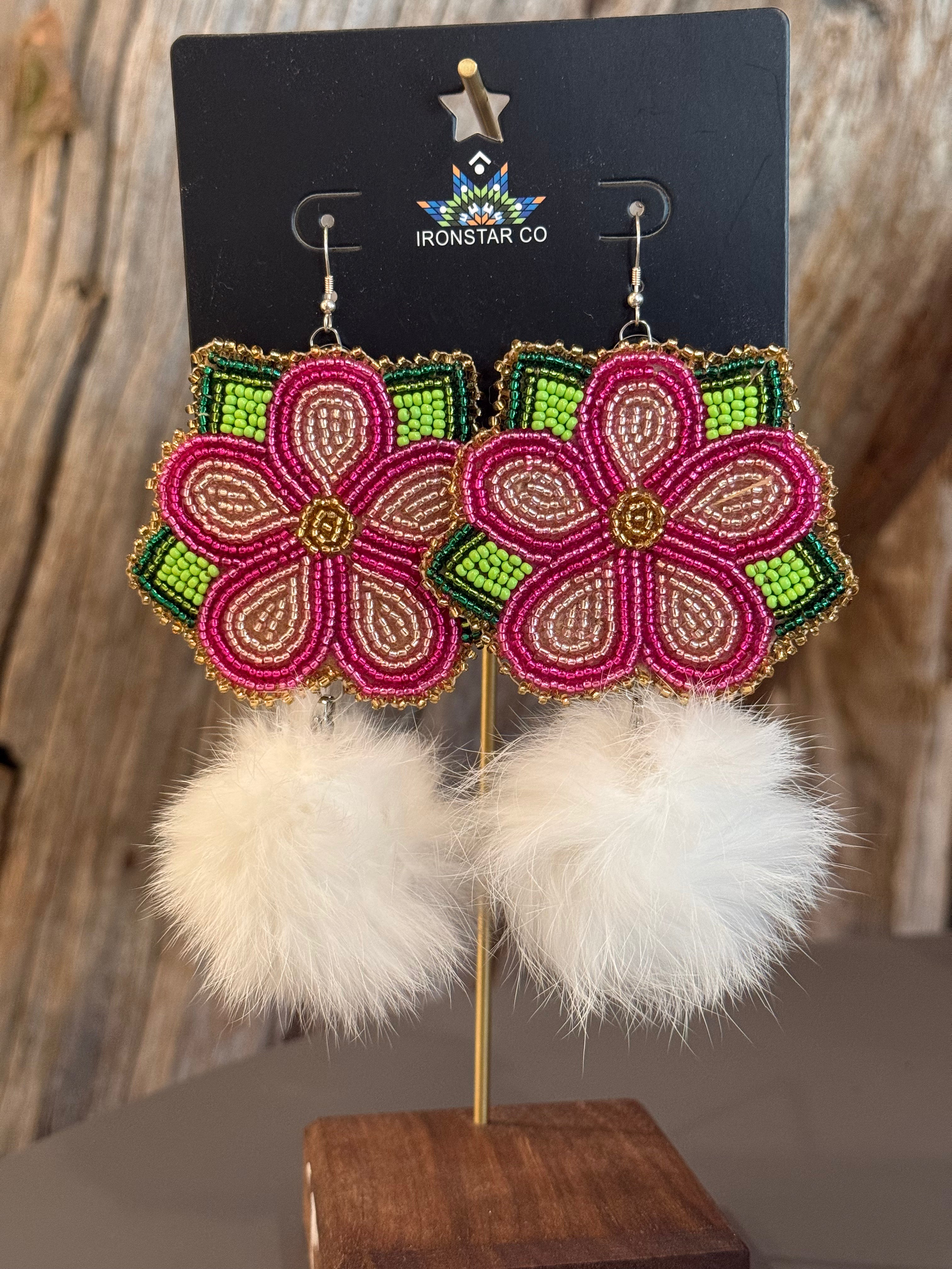 Beaded Fuchsia Flower & Pom Pom Dangle Earring
