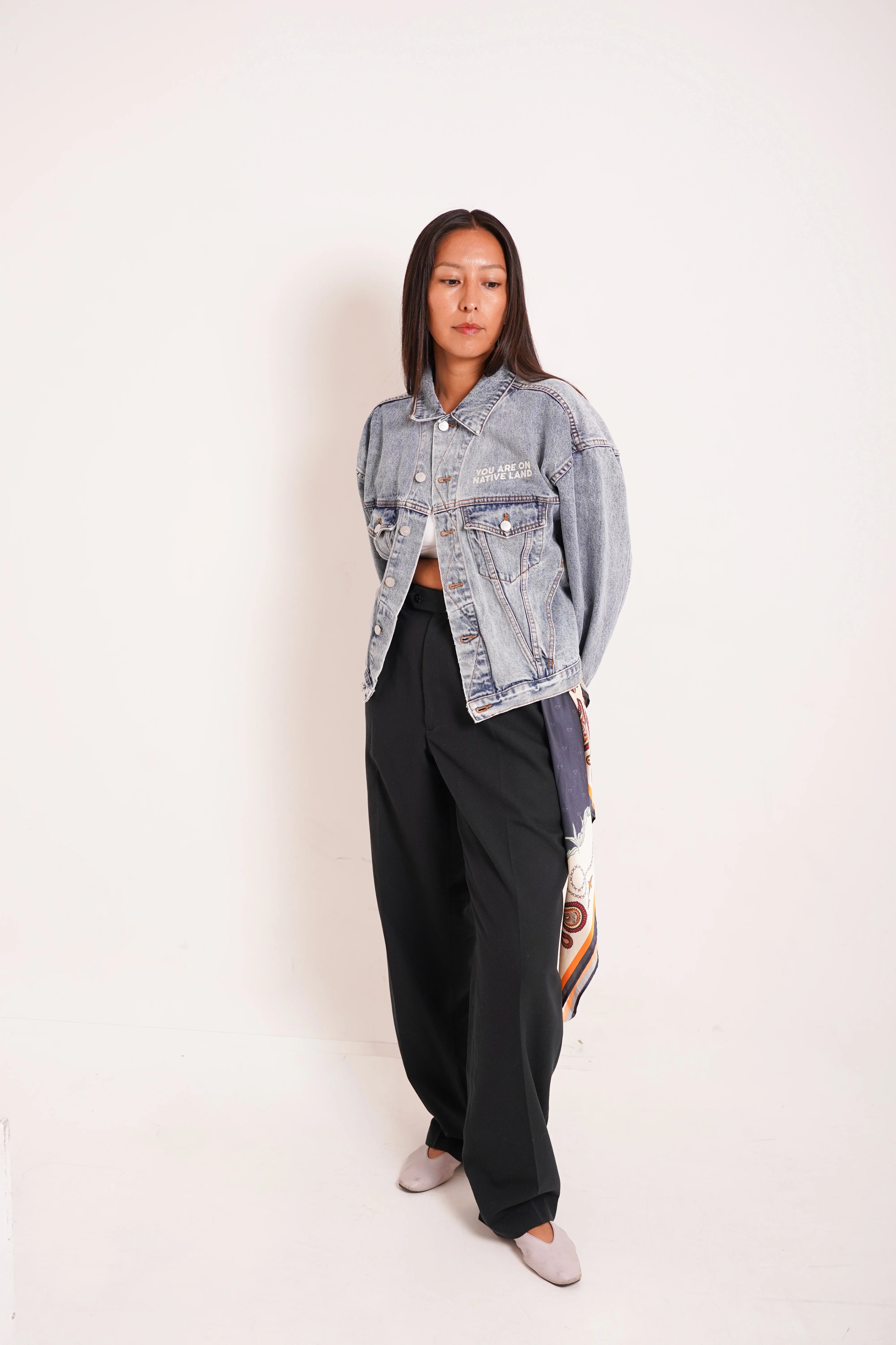 You Are On Native Land Vintage Wash Denim Jacket by UNE