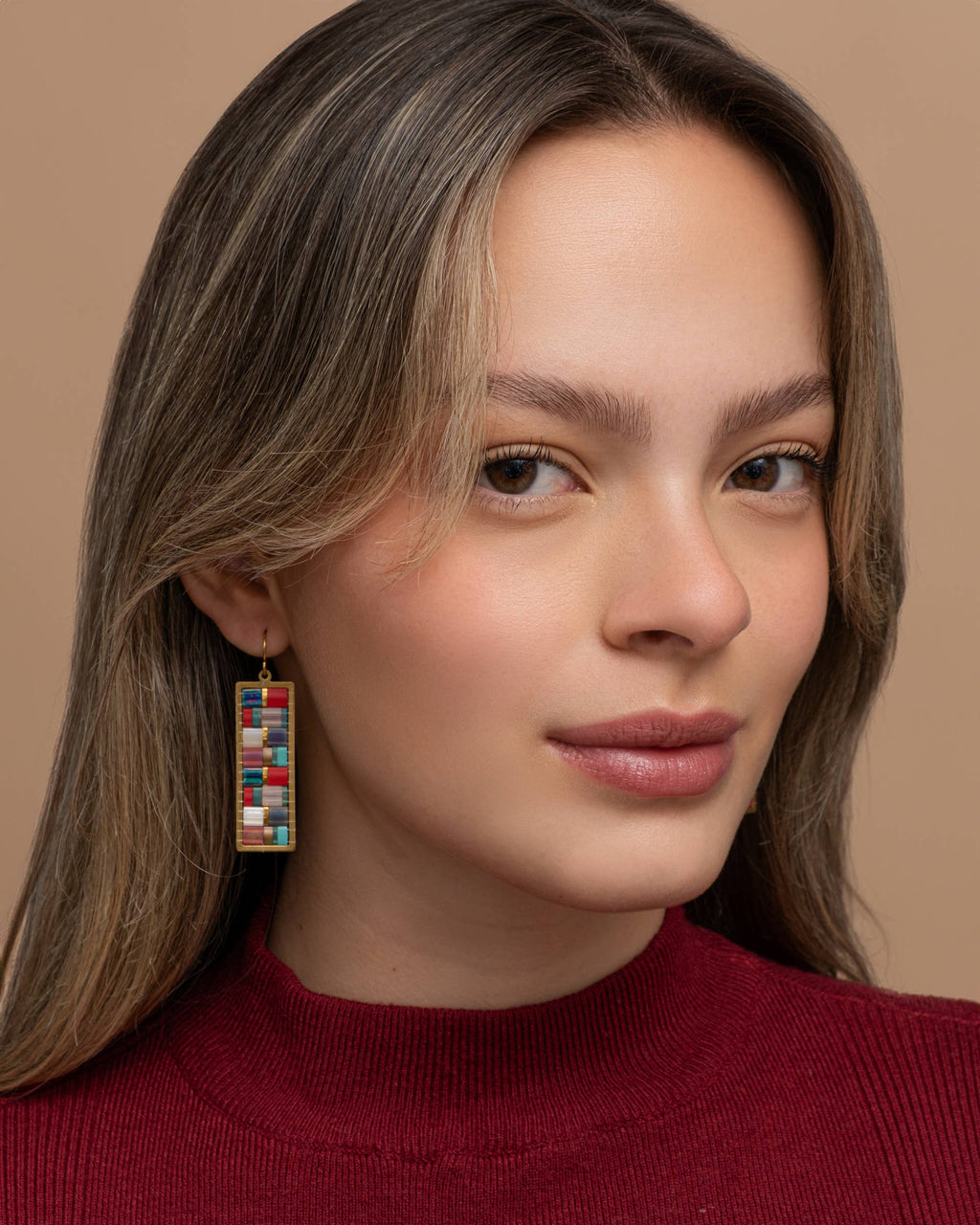 Beaded Handwoven Mosaic Tila and Brass Earrings by Mayana
