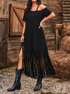 Cowgirl Off Shoulder Fringe Hem Dress