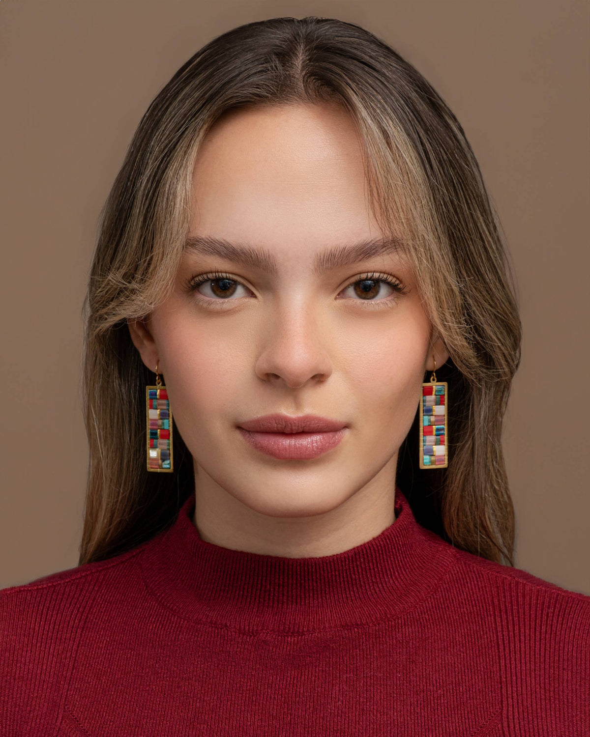 Beaded Handwoven Mosaic Tila and Brass Earrings by Mayana