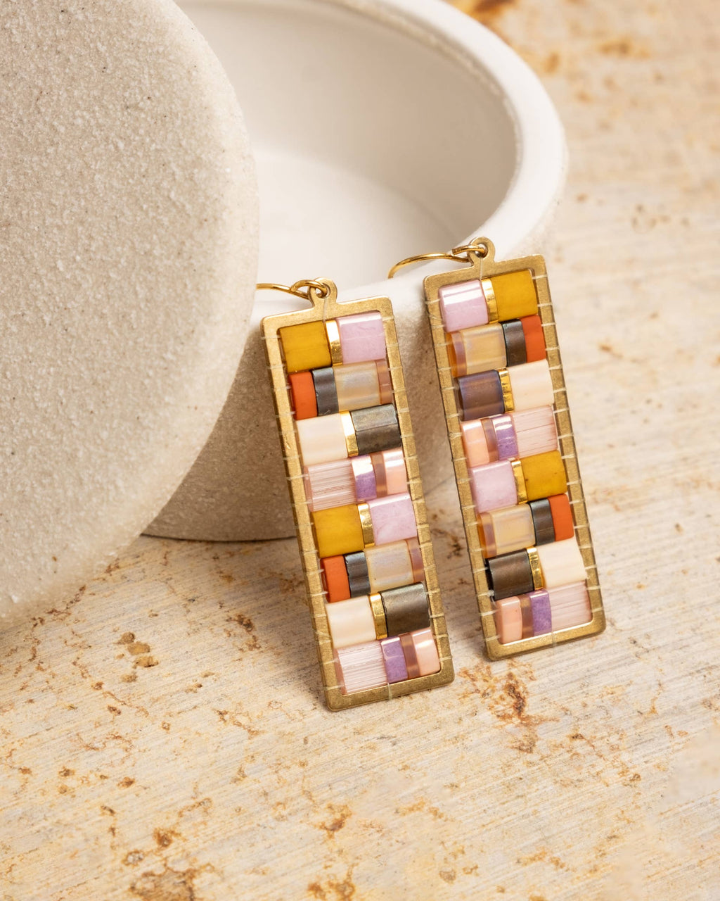 Beaded Handwoven Mosaic Tila and Brass Earrings by Mayana